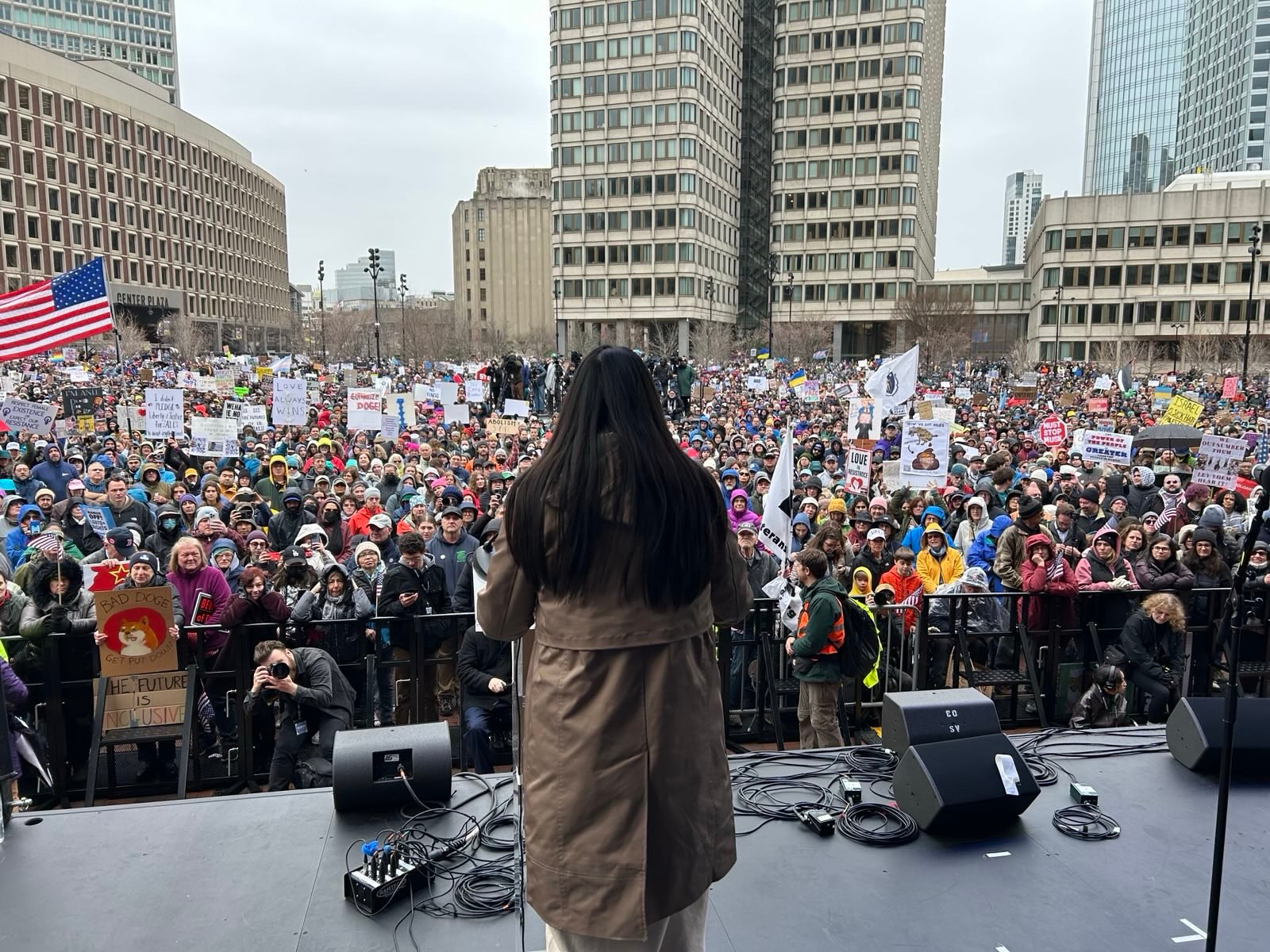 AFT Massachusetts President Jessica Tang speaking at the Boston, MA April 5 rally