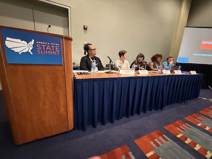 An image of the panel at America Votes featuring Michelle Penson, Action Network Chief of Staff.