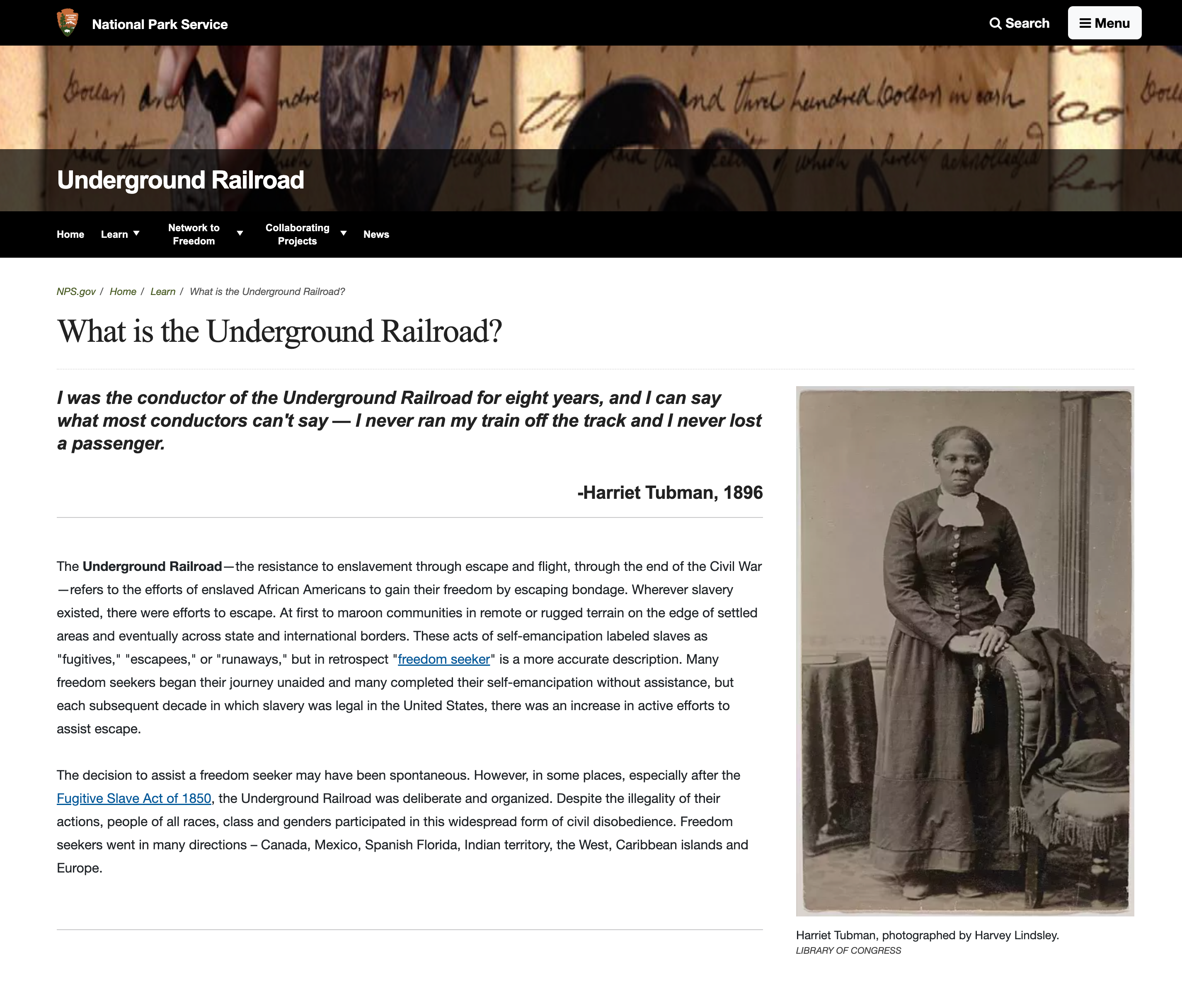 National park service Underground Railroad webpage