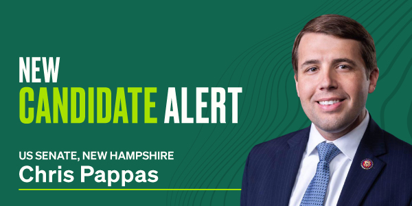 New candidate alert: Chris Pappas, running for U.S. Senate in New Hampshire. Chris Pappas is smiling and wearing a navy blue suit, white shirt, and blue tie with a congressional pin, set against a green background.