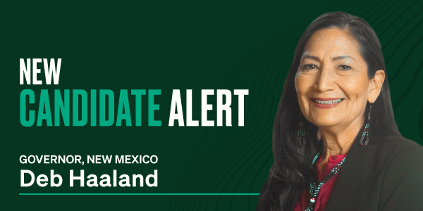 Political campaign announcement with the text 'NEW CANDIDATE ALERT' in bold letters. Below it reads 'GOVERNOR, NEW MEXICO Deb Haaland' on a green patterned background. A partially visible image of Deb Haaland appears on the right side.