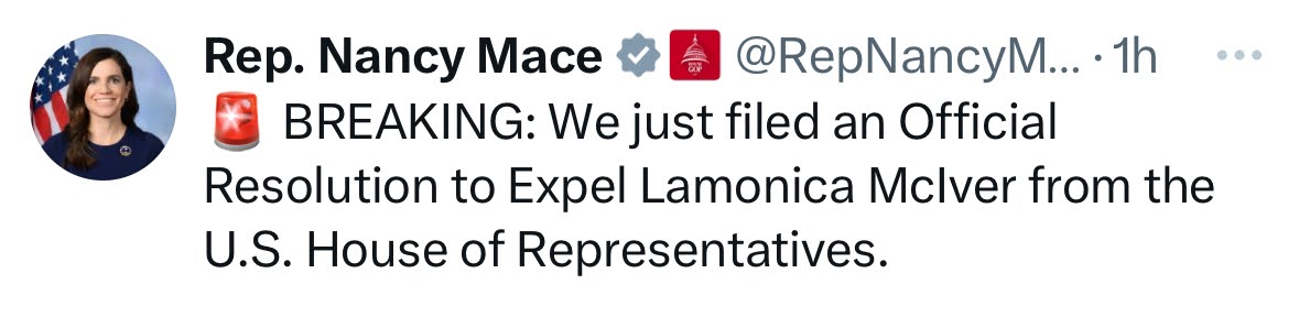 Rep. Nancy Mace: Breaking: We just filed an Official Resolution to Expel Lamonica McIver from the U.S. House of Representatives