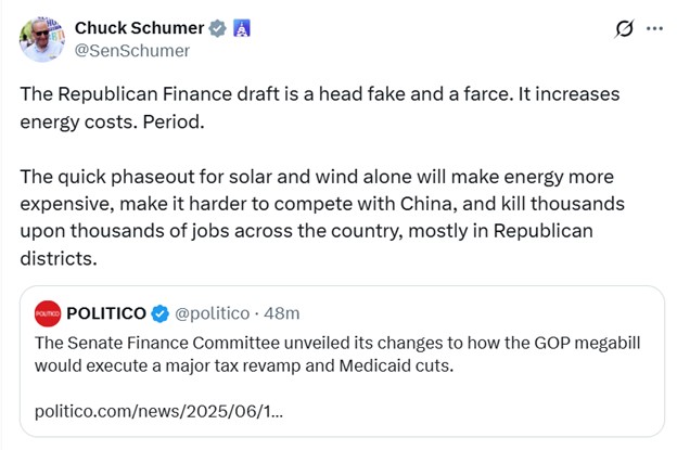 Tweet from Chuck Schumer: The Republican Finance draft is a head fake and a farce. It increases energy costs. Period.// The quick phaseout for solar and wind alone will make energy more expensive, make it harder to compete with China, and kill thousands upon thousands of jobs across the country, mostly with Republican districts.