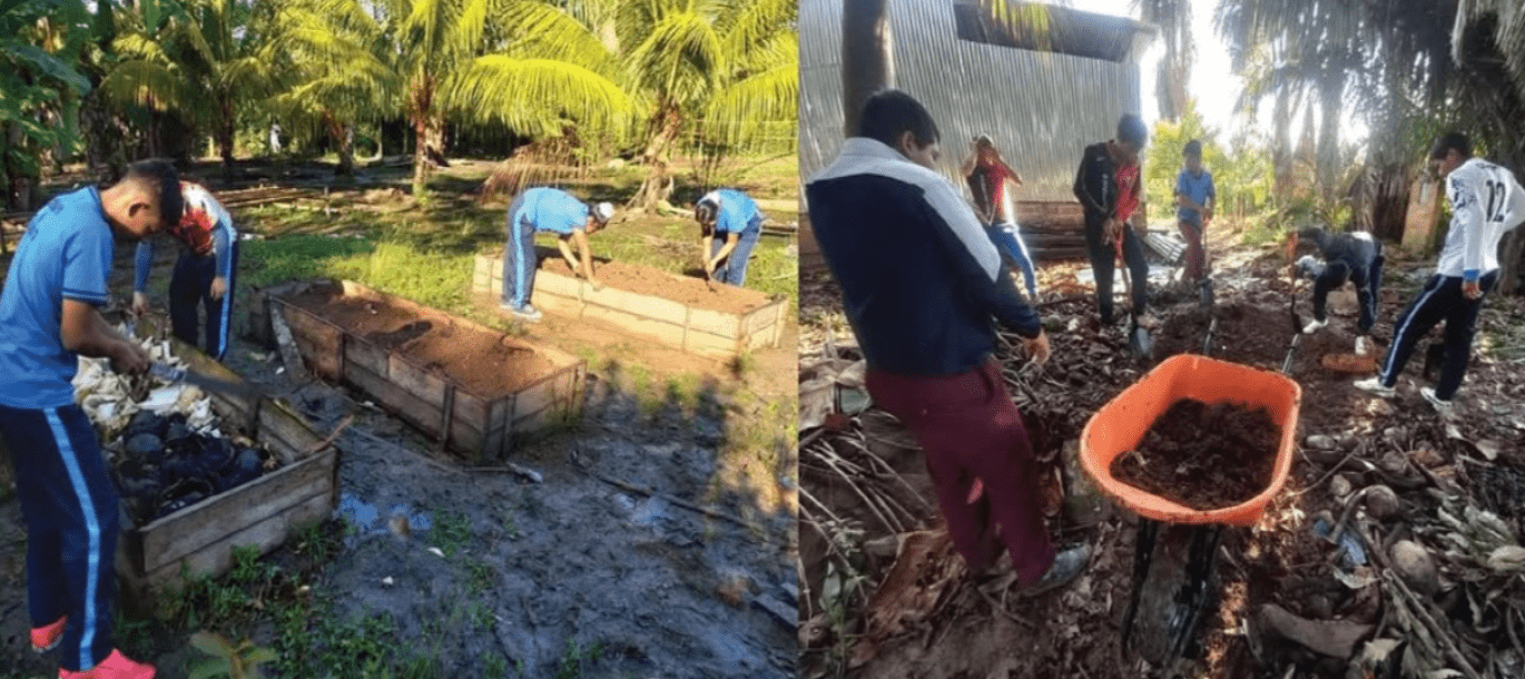 Two photos side by side, with no space between them. The one on the left shows several young people working around three freshly-made raised garden beds that are partially shaded from bright, yellow sunlight. They are surrounded by green grass and green palm trees. The picture on the right is a little harder to interpret as the pattern of shade and sunlight and the small size of the image makes detail hard to see, but it appears to be a half dozen or so people digging soil from the ground so they can put it in an orange wheelbarrow. They are mostly shaded by palm trees, and there is a white wall, possibly of a barn or other building, behind them.