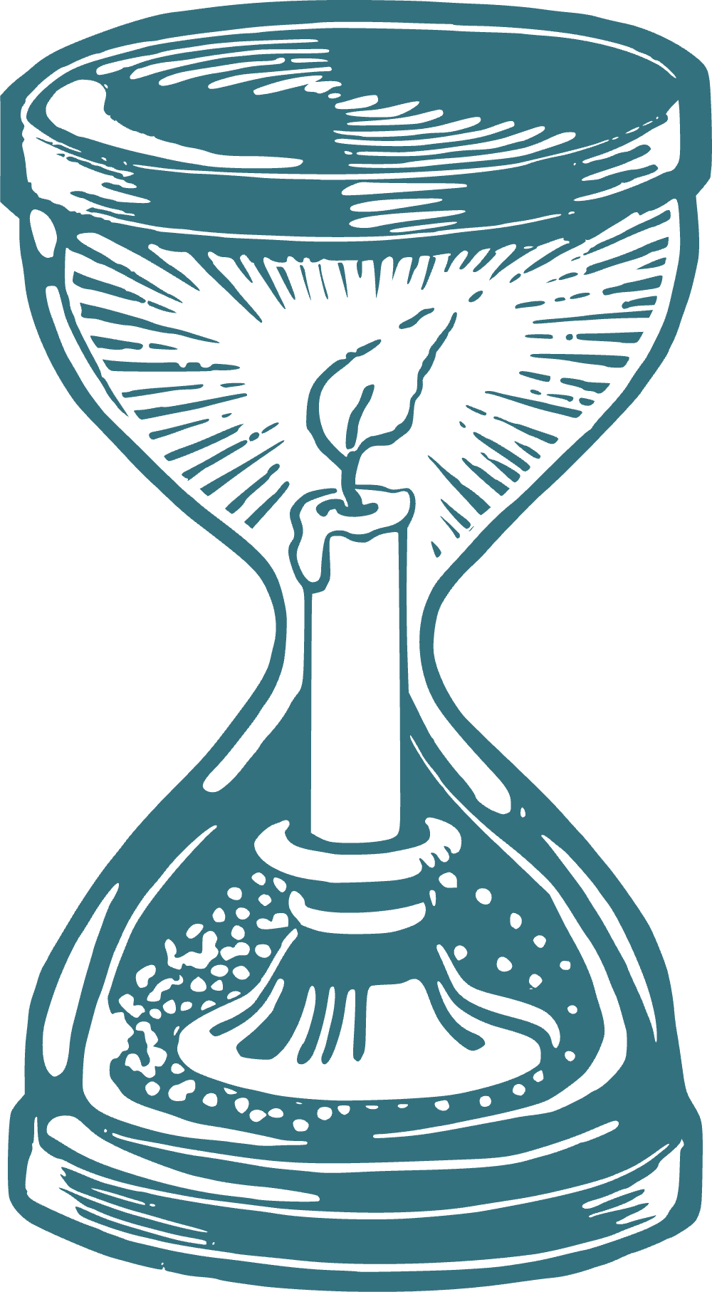 A cartoon image in green of a candle on a short holder burning inside an hourglass. It is clearly meant to suggest the XR logo.