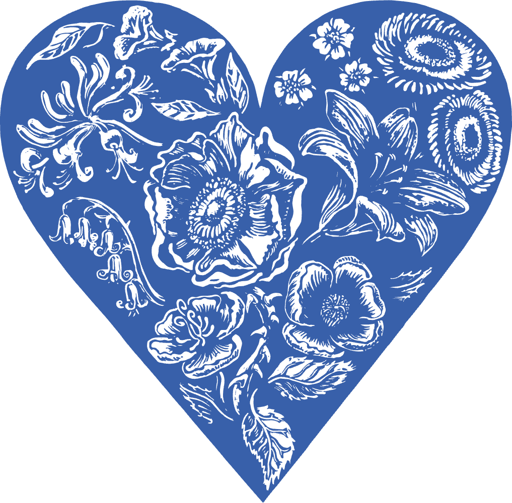 An etching of a heart-shape in blue with various flowers in white inside it.
