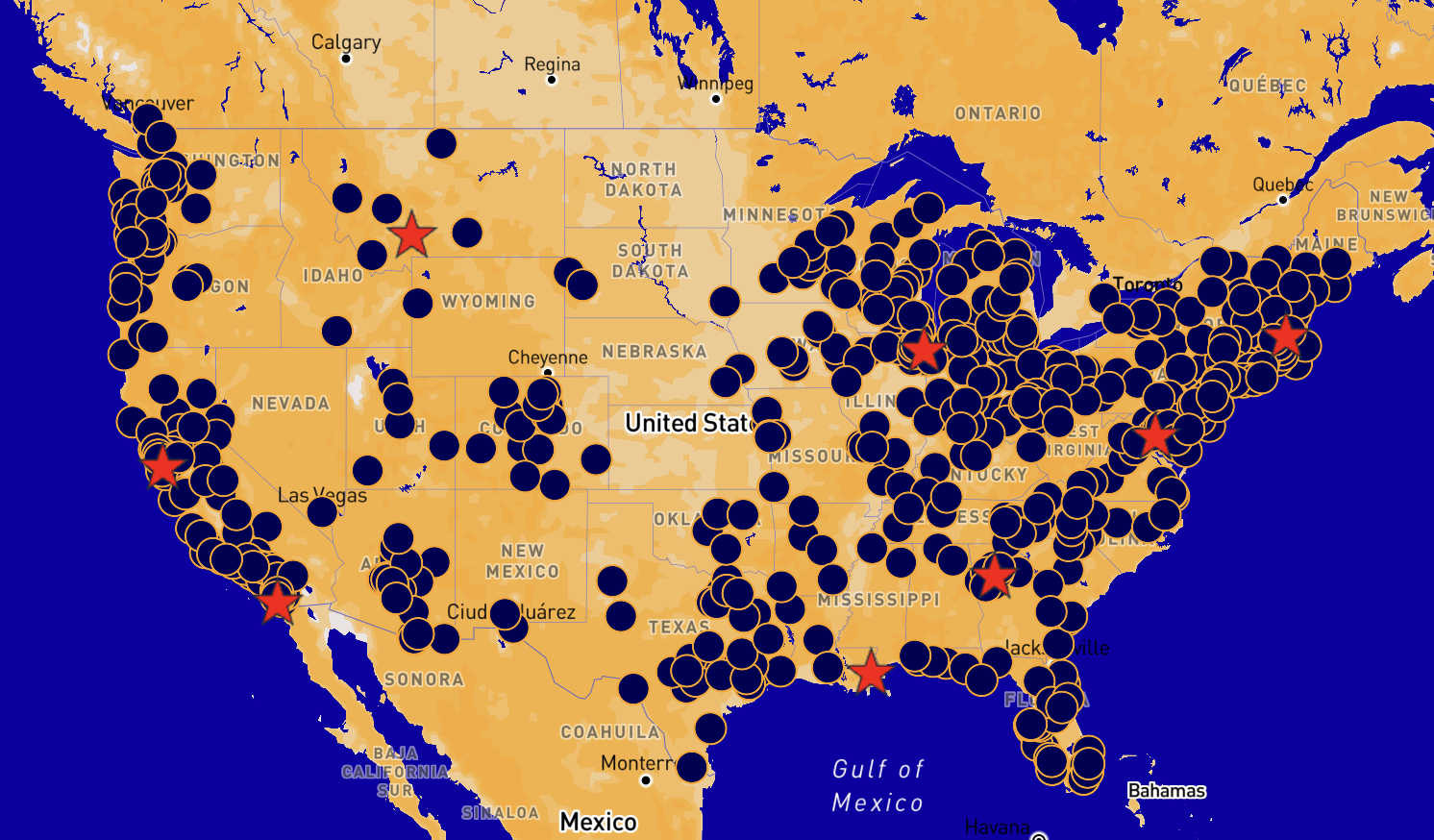 Map of the country with dots representing No Kings events. There are a lot of dots!