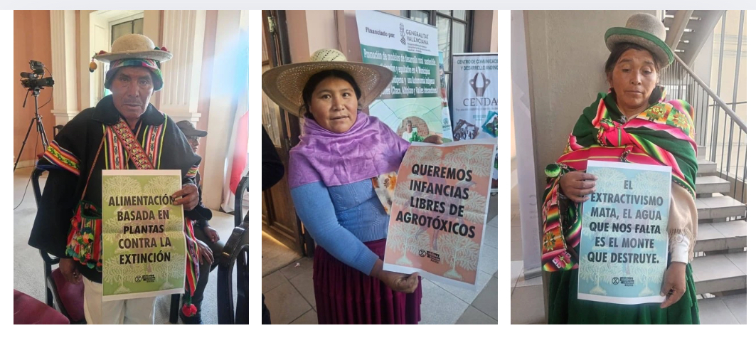 Three people, each in their own photo, but the photos are arranged in a line. All three wear clothing suggesting an Andes culture, all three hold signs and appear to be indoors. The signs are in Spanish and include diacritical marks that don't seem to be available for alt text, so they must be quoted without their marks. 