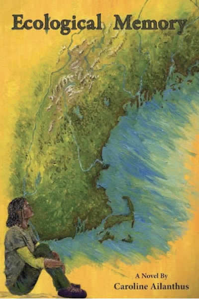 Cover image of the book, Ecological Memory. The image is dominated by what might be New England as seen from space--the shapes of the coastline, larger islands, and various rivers are clear, and there are no political boundaries or labels as would be typical for a map. But this image of New England is painted over a yellow background that it does not completely cover, making the fact that it IS a painting visually obvious. In the lower left-hand corner, also painted, is a person--perhaps the idea is that New England has been painted on a wall, and this person is sitting beside the wall? The person is a young woman wearing green trousers and a grey t-shirt over a long-sleeved shirt with hiking boots. Her skin is dark brown, and she wears her shoulder-length hair in narrow braids. She sits staring up towards the upper-right corner of the image. At the top, in dark lettering, is the title of the book. The author's name is in smaller lettering in the lower right-hand corner.