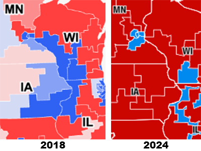 5 seats across Wisconsin, Iowa, and Minnesota that went blue in 2018 but red in 2024