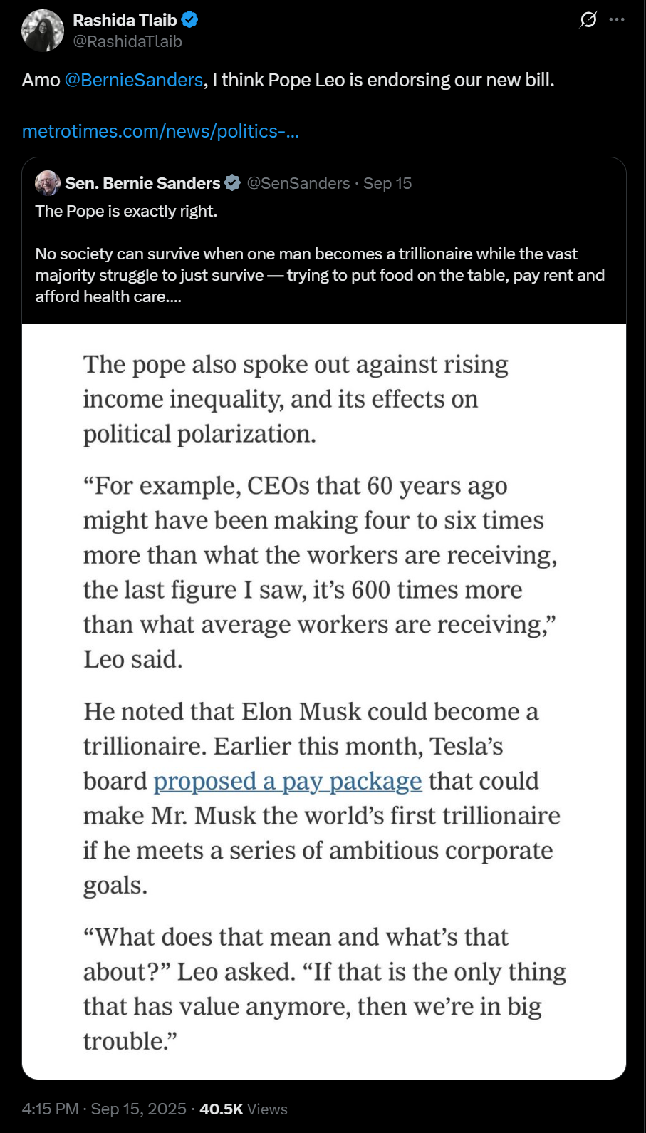 Screenshot of a tweet by Rashida Tlaib quoting Bernie Sanders. Tlaib writes, 