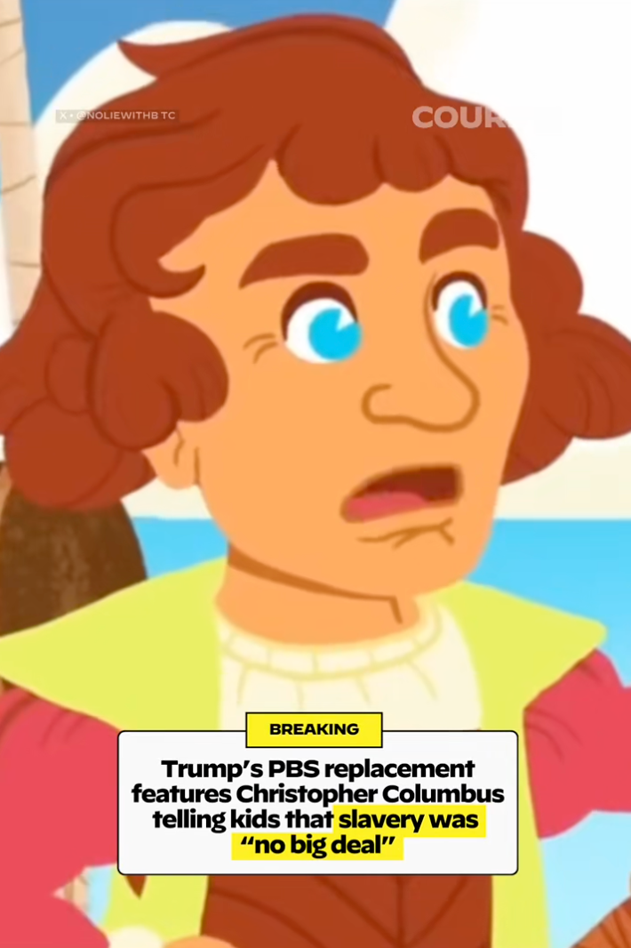 Cartoon depiction of Christopher Columbus with a caption reading,