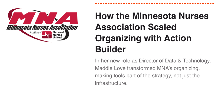 The title image for the blog post, "How the Minnesota Nurses Association Scaled Organizing with Action Builder"
