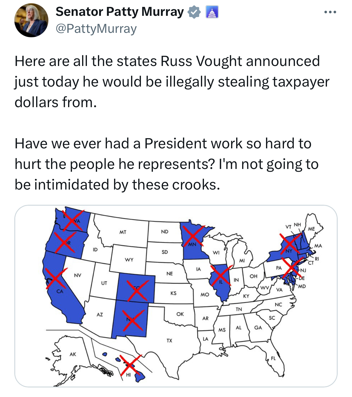Tweet from Sen. Patty Murray that shows a map of states where clean energy jobs were lost