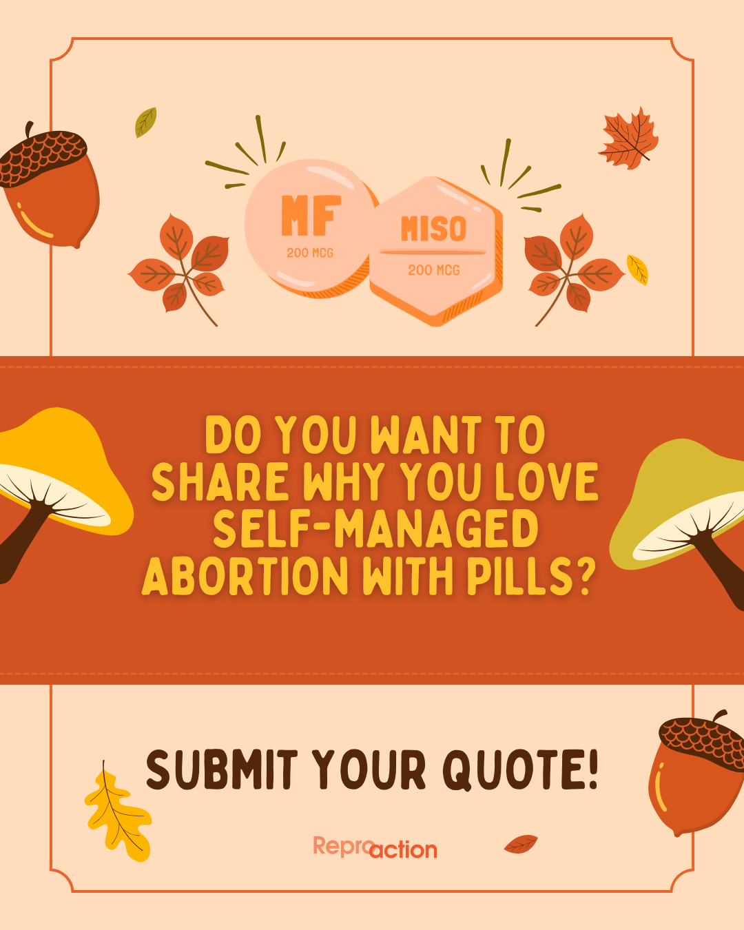 Graphic includes abortion pill tablets along with pictures of mushrooms and acorns, surrounding the caption “Do you want to share why you love self-managed abortion with pills? Submit you quote!”