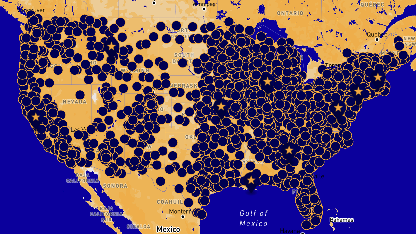 Map of No Kings events, with TONS of dots showing how many events there are.