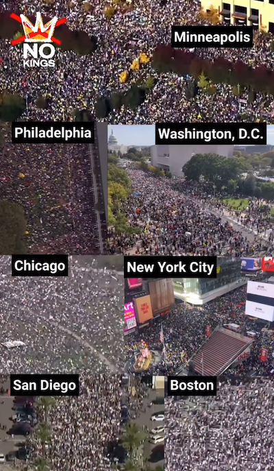 A screenshot of an Indivisible Instagram post showing crowds in Minneapolis, Philadelphia, Washington, DC, Chicago, New York City, San Diego, and Boston. A screenshot of an Indivisible Instagram post showing crowds in Minneapolis, Philadelphia, Washington, DC, Chicago, New York City, San Diego, and Boston.