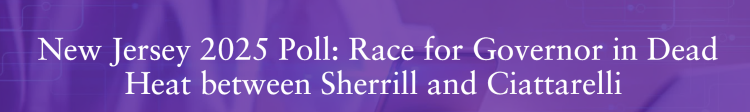 The image features bold white text on a purple background. The text reads, 'New Jersey 2025 Poll: Race for Governor in Dead Heat between Sherrill and Ciattarelli.' The background displays a subtle geometric pattern with abstract lines and small circular nodes, adding depth to the overall appearance.