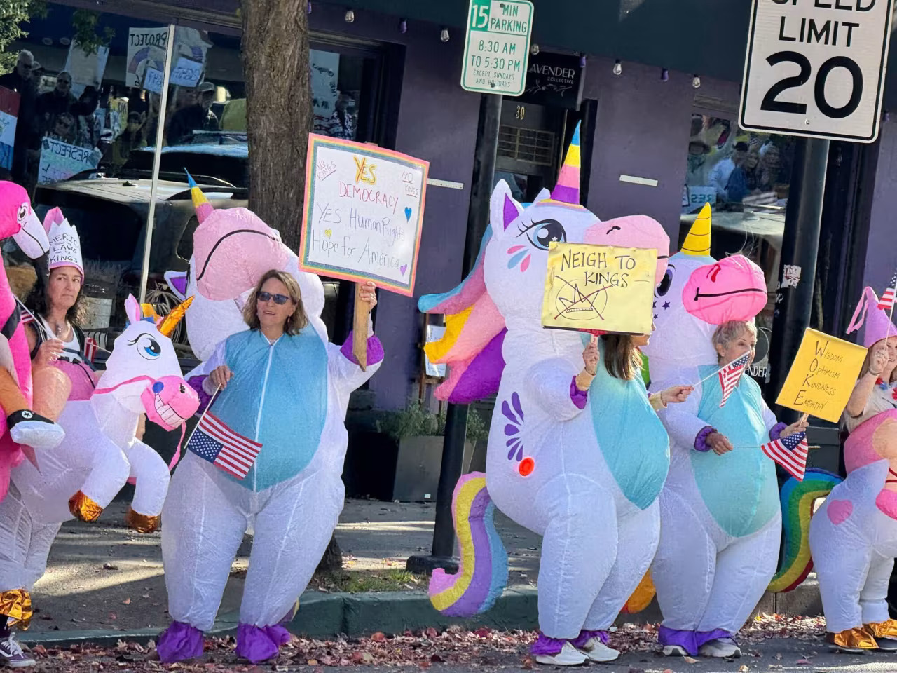 Photo of protestors dressed in inflatable unicorn costumes. Sign reads: "Neigh to Kings"