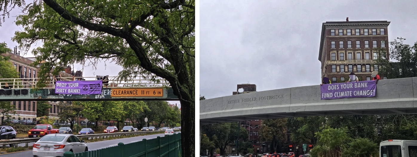 A photograph of a foot bridge over an urban highway. A tree, possibly an ailanthus, grows in the foreground and gives balance to the image. From the footbridge hangs a purple banner with the words DROP YOUR DIRTY BANK! in white lettering and the XR name and logo in black lettering. A second photograph of a bridge over an urban street with lots of leafy street trees. Very little of the street is visible. There's a tall building in the background against a cloudy gray sky. A few people on the bridge hold a purple banner with the words DOES YOUR BANK FUND CLIMATE CHANGE? in white lettering. 