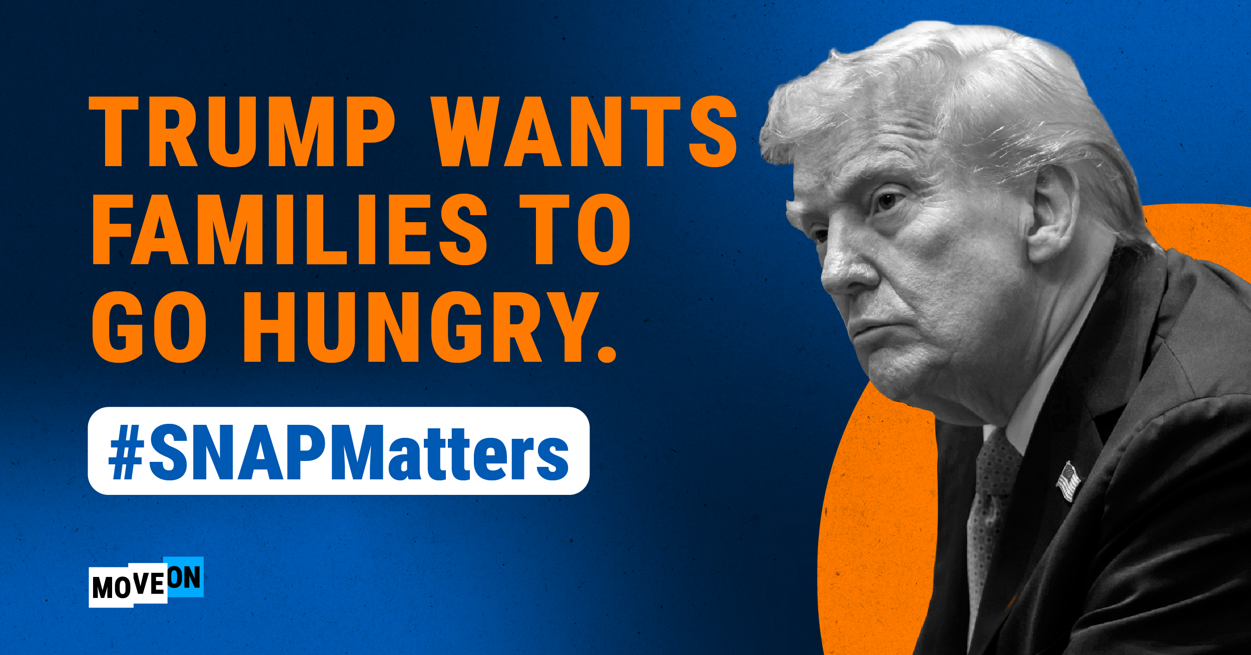 Blue and orange image with Trump's face looking sullen that reads Blue and orange image with Trump's face looking sullen that reads