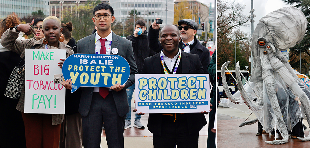 Tobacco Campaign Director Daniel Dorado holding a sign that says 'Make Big Tobacco Pay' while giving an interview at last year's global tobacco treaty negotiations.