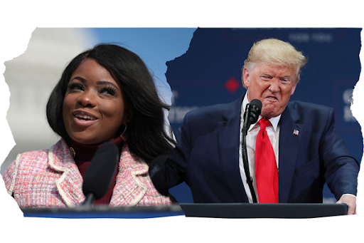 An image with two pictures. On the left, a photo of Jasmine Crockett. On the right, a photo of a frowning Donald Trump.