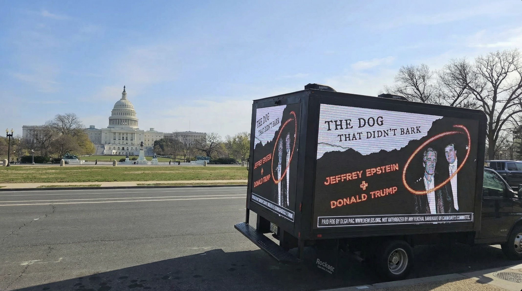 Electronic billboard van outside US Capitol showing Trump and Epstein that says The Dog That Didn't Bark