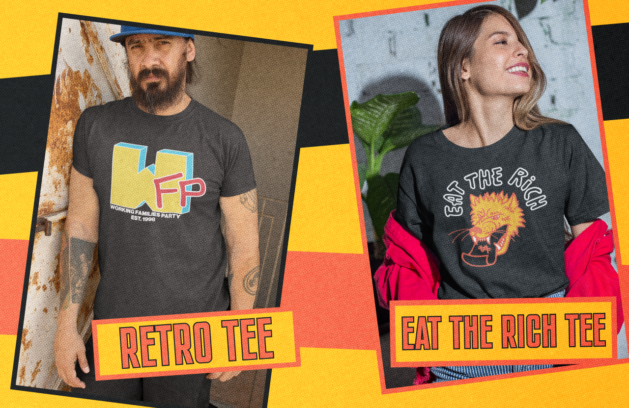 New WFP Merch: A Black MTV style Tee and an Eat the Rich Tee featuring a wolf