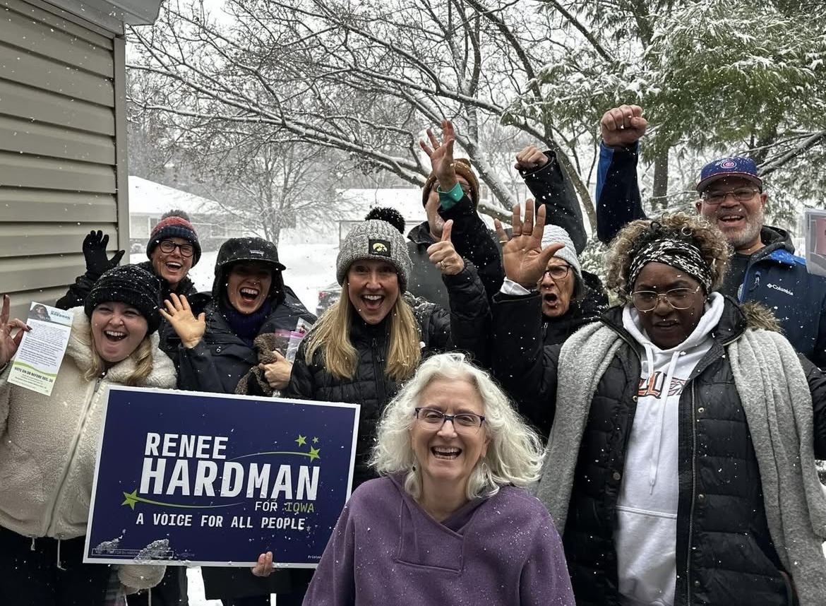 Jennifer Konfrst with supporters in the snow