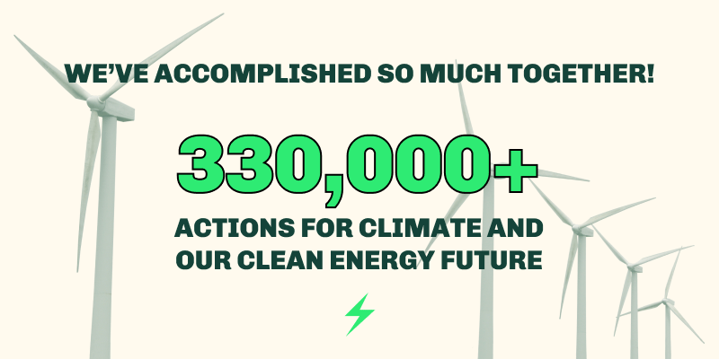 We've accomplished so much together! 330,000+ actions for climate and our clean energy future 31,000+ calls to Congress demanding action 66,000 emails sent to federal leaders
