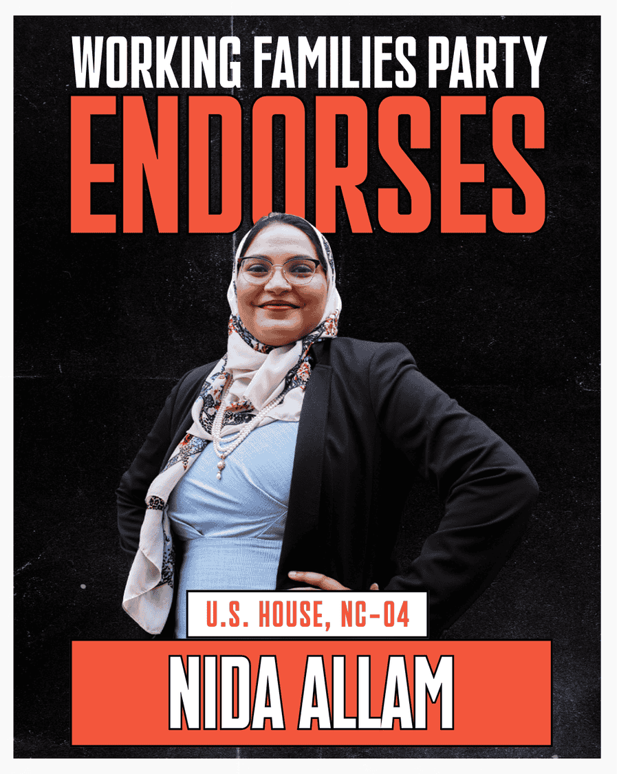 Working Families Party endorses Nida Allam for U.S. House, NC-04. Photo of Nida Allam.
