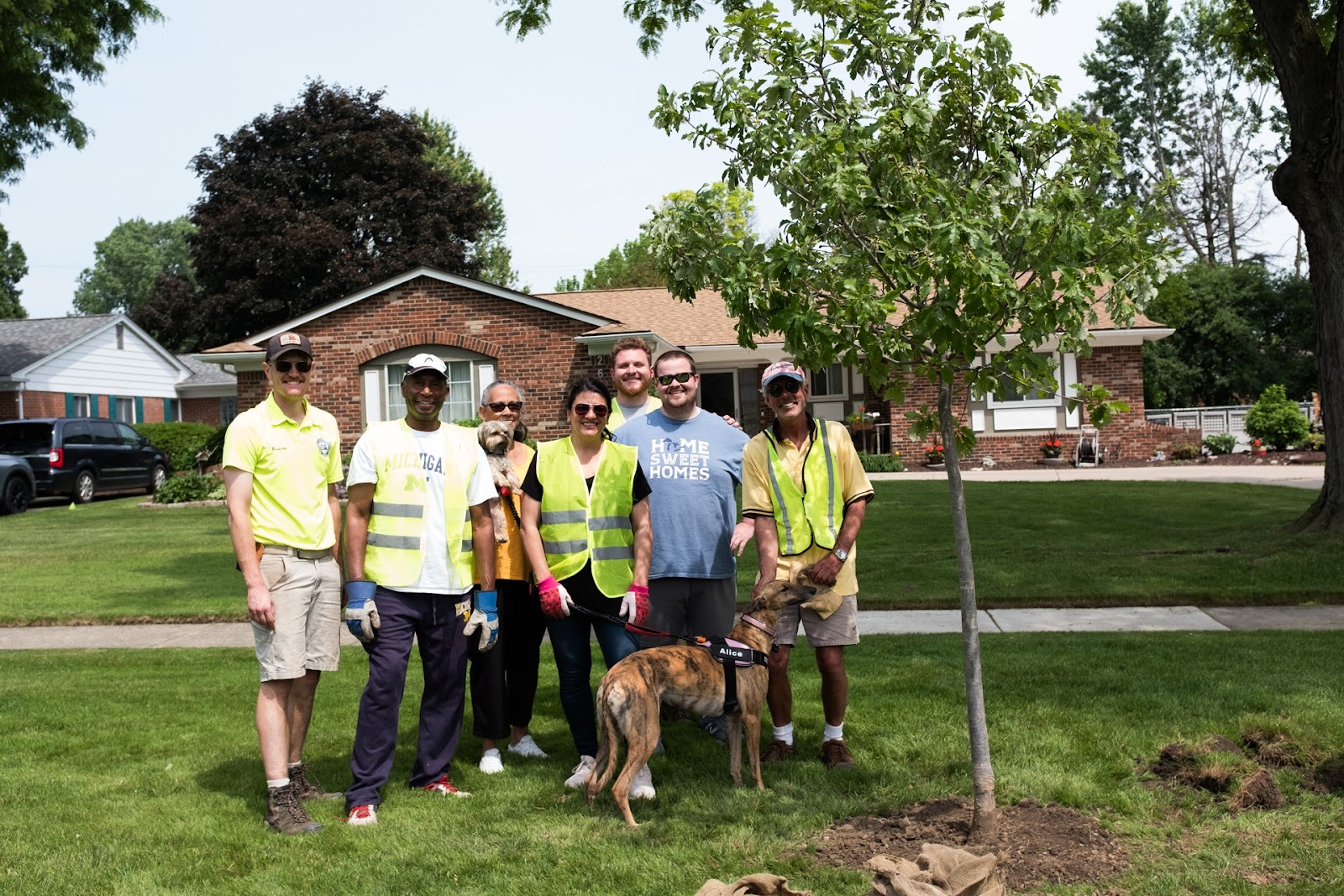 Rashida poses with a group of people with work vests and gloves, next to a freshly planted tree