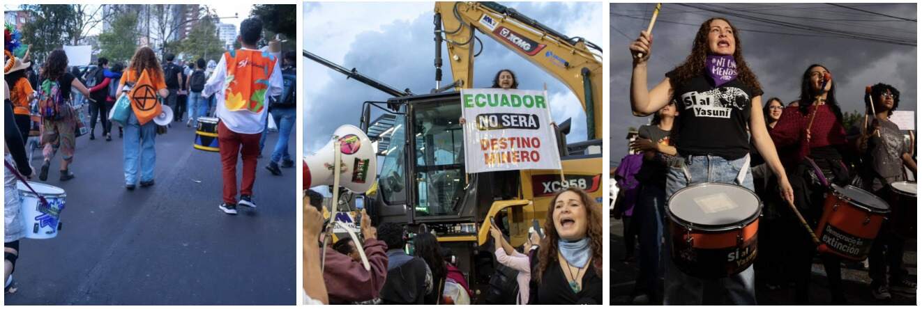 Three photos in a group. The one on the left shows a protest march with various people walking away from the camera holding signs or drums. The central photo shows several people around an excavator or similar large equipment. They are shouting, and one holds a sign that is difficult to read. The photo on the right shows several people walking while playing drums and shouting. The sky behind them looks dark and stormy. 