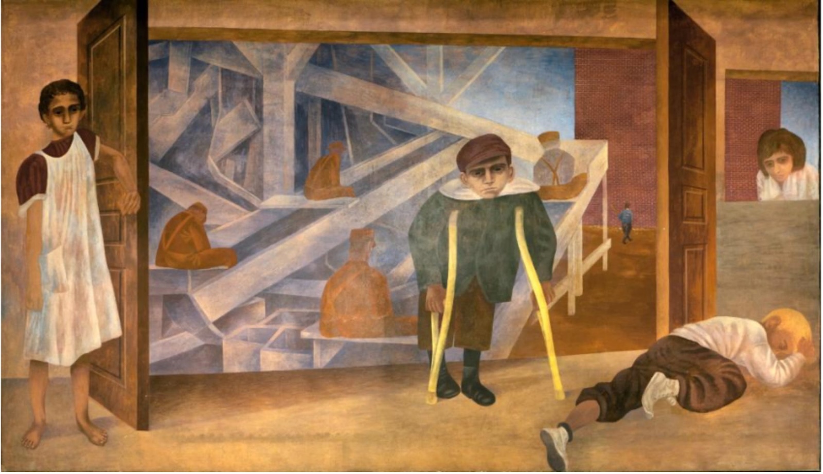 An image from Ben Shahn's The Meaning of Social Security mural, depicting a disabled child on crutches. 