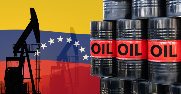 The Venezuelan flag with an oil rig and oil barrels