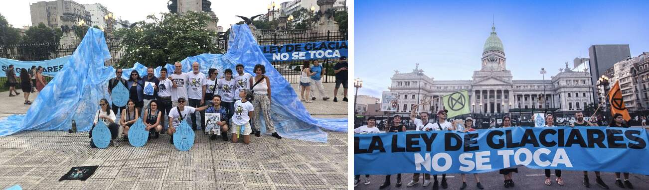 2 photos of a group of people posing in what looks like an open plaza of a large city. They are posing in front of a raised backdrop of blue cloth possibly meant to symbolize a glacier. Some carry signs, while others wear matching t-shirts, but neither signs nor shirts are legible in the picture. Behind them, other people mill about casually. Two banners hang from an iron fence. The light blue banner is not legible, but the dark blue one says "Ley de glacia no se toca." The sky is a flat, cloudy white. In the second photo, a group of people are in front of an imposing building holding a large blue banner that says "La ley de glaciares no se toca". 2 XR flags are visible. 