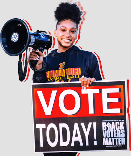 An activist stands holding a megaphone and a sign that says "Vote Today! Black Voters Matter"