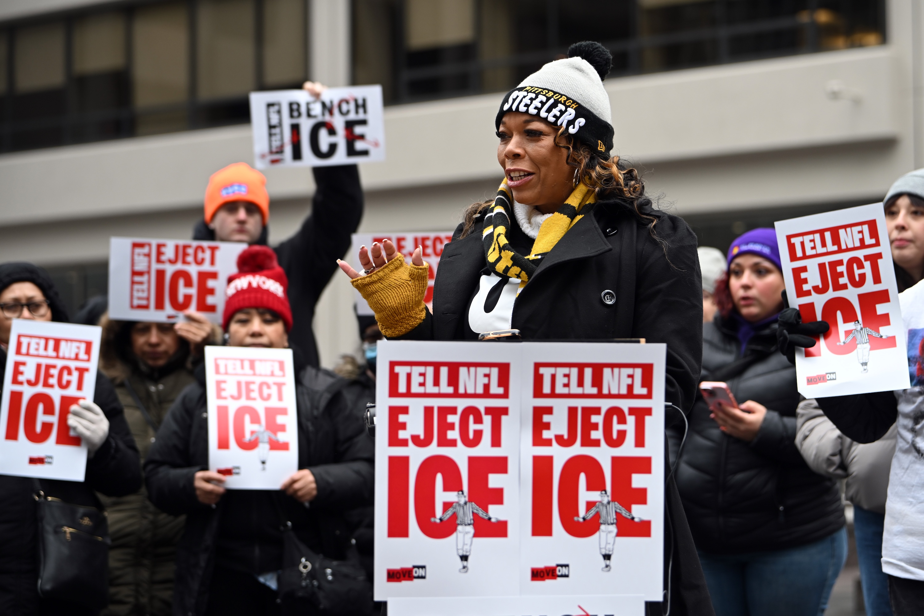 NEW YORK, NEW YORK - FEBRUARY 03: Advocates Rally at NFL Headquarters to protest planned ICE operations at Super Bowl LX on February 03, 2026 in New York City. (Photo by Bryan Bedder/Getty Images for MoveOn Civic Action)