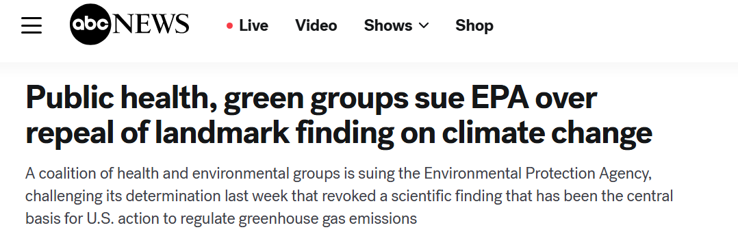ABC News: Health and environmental groups sue EPA over endangerment finding repeal