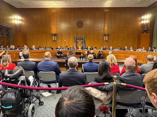 Families sit in the audience of the Senate chamber