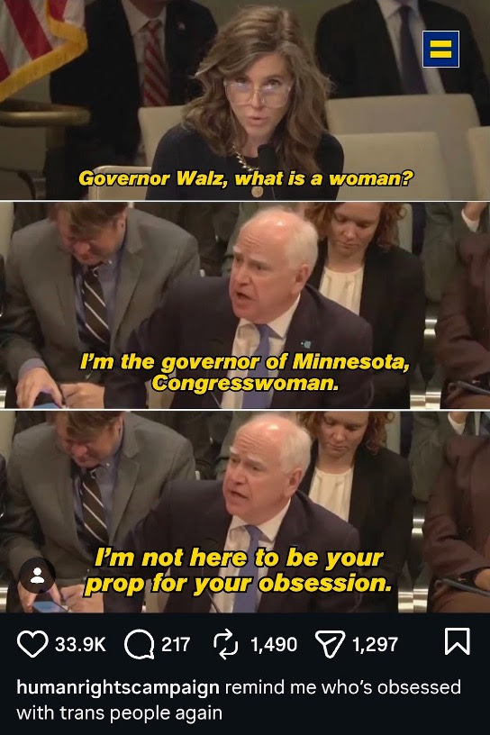 Social media screenshot showing Minnesota Governor Tim Walz responding during a congressional hearing. On-screen captions read: 