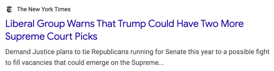 Screenshot of a New York Times headline about a liberal group warning that Donald Trump could gain two additional Supreme Court appointments.