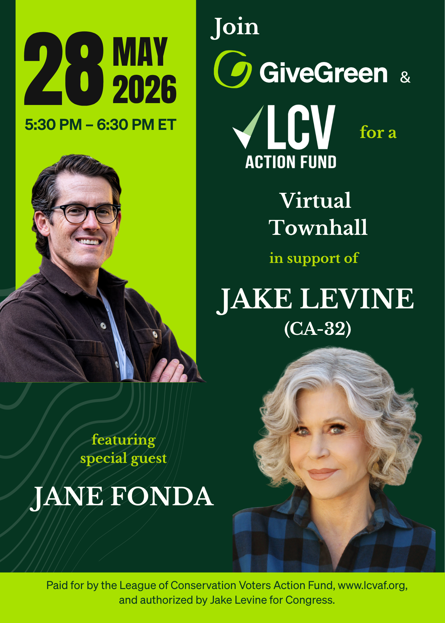 Join GiveGreen for a virtual town hall in support of Jake Levine ft. Jane Fonda