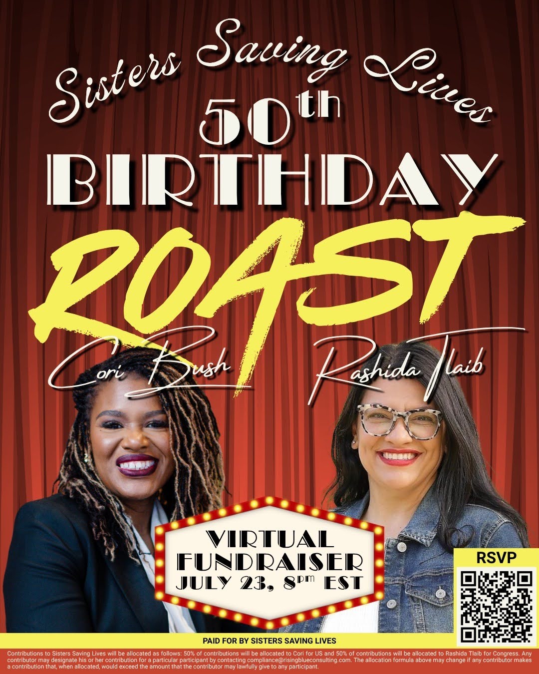Promotional graphic for Sisters Saving Lives' 50th Birthday Roast virtual fundraiser featuring Cori Bush and Rashida Tlaib, scheduled for July 23 at 8 p.m. EST, with an RSVP QR code.