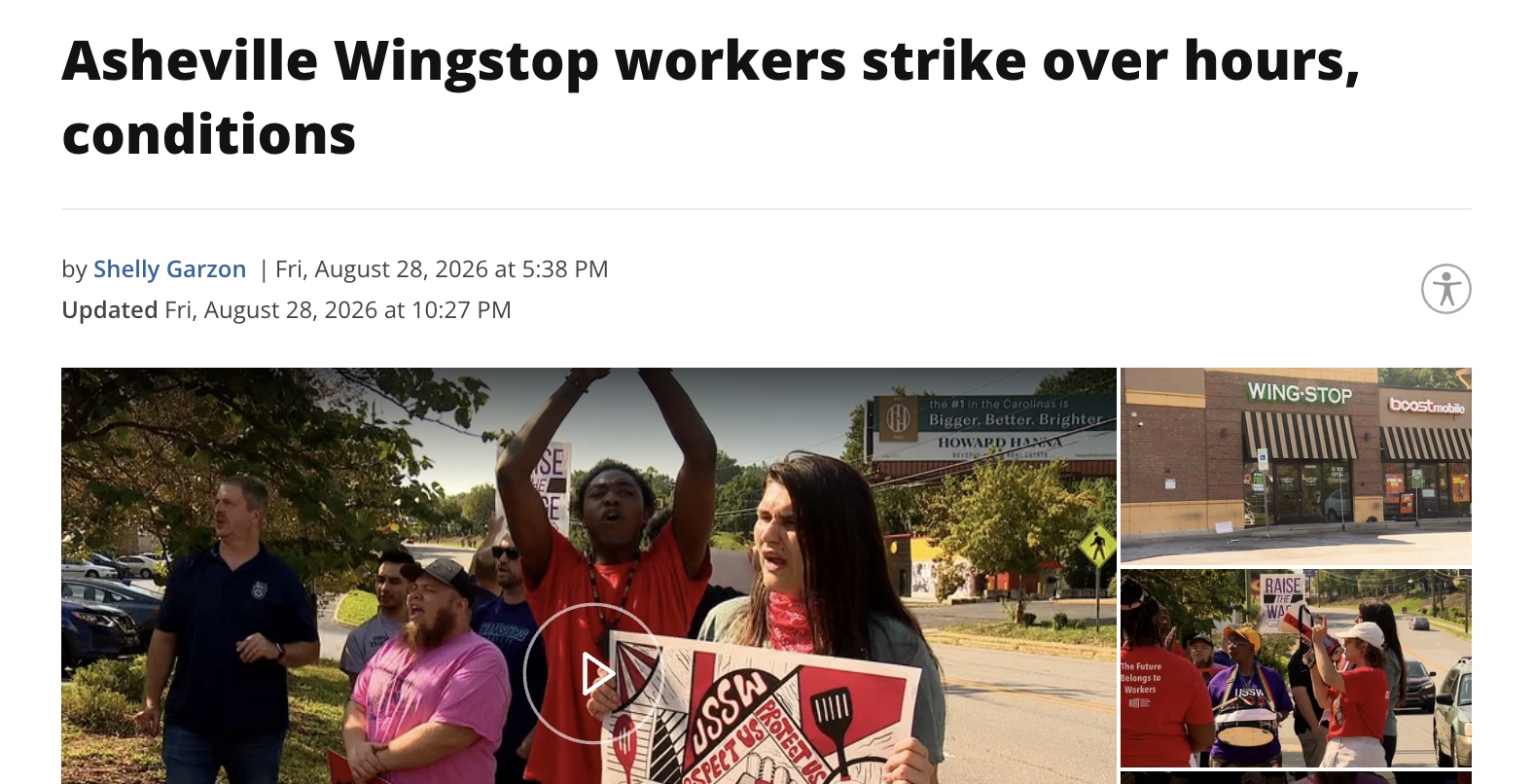 Screenshot from WLOS's website, with picture of striking workers and headline Asheville Wingstop workers strike over hours, condtions. Screenshot from WLOS's website, with picture of striking workers and headline Asheville Wingstop workers strike over hours, condtions.
