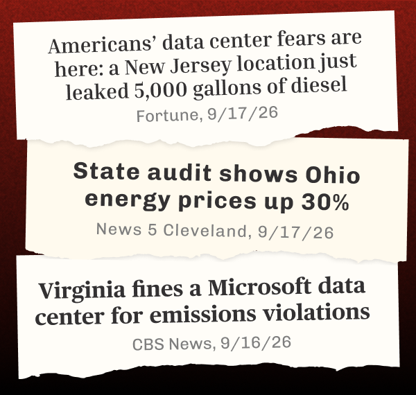 Three different news organization headlines all talking about the risks of Data Center expansion in several states across the U.S.