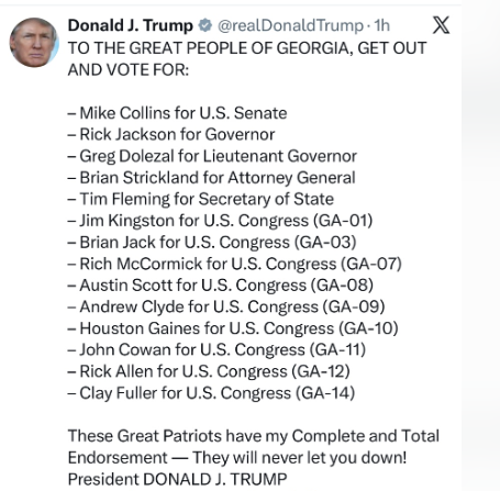 Screenshot of a social media post from Donald J. Trump's account reading: 'To the great people of Georgia, get out and vote for:' followed by a list of endorsed candidates — Mike Collins for U.S. Senate; Rick Jackson for Governor; Greg Dolesal for Lieutenant Governor; Brian Strickland for Attorney General; Tim Fleming for Secretary of State; Jim Kingston (GA-01), Brian Jack (GA-03), Rich McCormick (GA-07), Austin Scott (GA-08), Andrew Clyde (GA-09), Houston Gaines (GA-10), John Cowan (GA-11), Rick Allen (GA-12), and Clay Fuller (GA-14) for U.S. Congress. The post closes: 'These Great Patriots have my Complete and Total Endorsement — They will never let you down! President DONALD J. TRUMP.'
