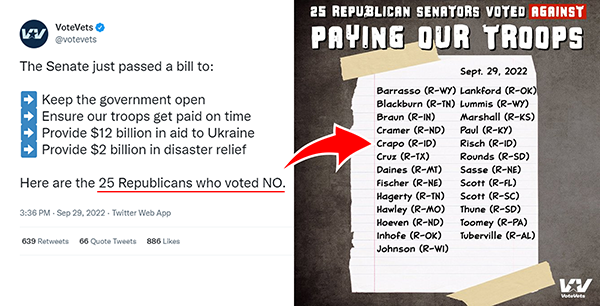 A graphic featuring a tweet from Vote Vets posted on September 29, 2022, which reads: “The Senate just passed a bill to: Keep the government open, Ensure our troops get paid on time, Provide $12 billion in aid to Ukraine, Provide $2 billion in disaster relief. Here are the 25 Republicans who voted NO.” Included is a graphic featuring the names of 25 Republican Senators who voted against paying our troops. There is a red arrow pointing to Mike Crapo’s name on the list.