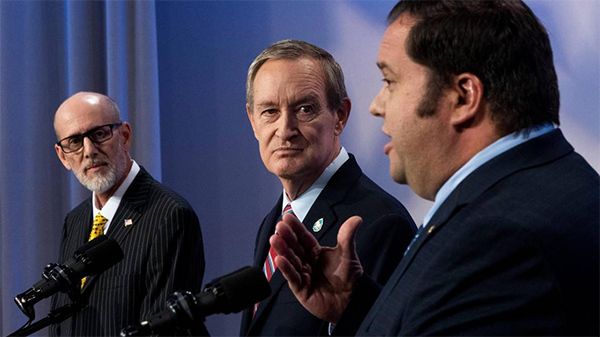 Democratic U.S. Senate candidate David Roth, a member of the LGBTQ community, debates with incumbent Republican Sen. Mike Crapo, center, and independent challenger Scott Cleveland during Idaho Public Television’s debate, Monday, Oct. 3, 2022, in Boise.